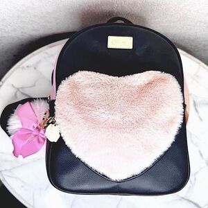 Betsey Johnson pink,black,fur Heart Backpack pink fur key chain Valentine’s Day